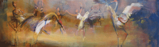 Brolga Dance - oil on board - 21 x 68 cm - SOLD