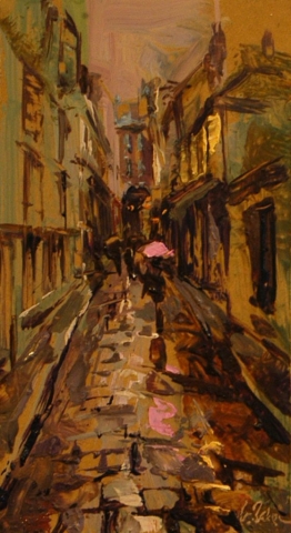 Following the Pink Umbrella - oil on board 28 x 15 cm - SOLD