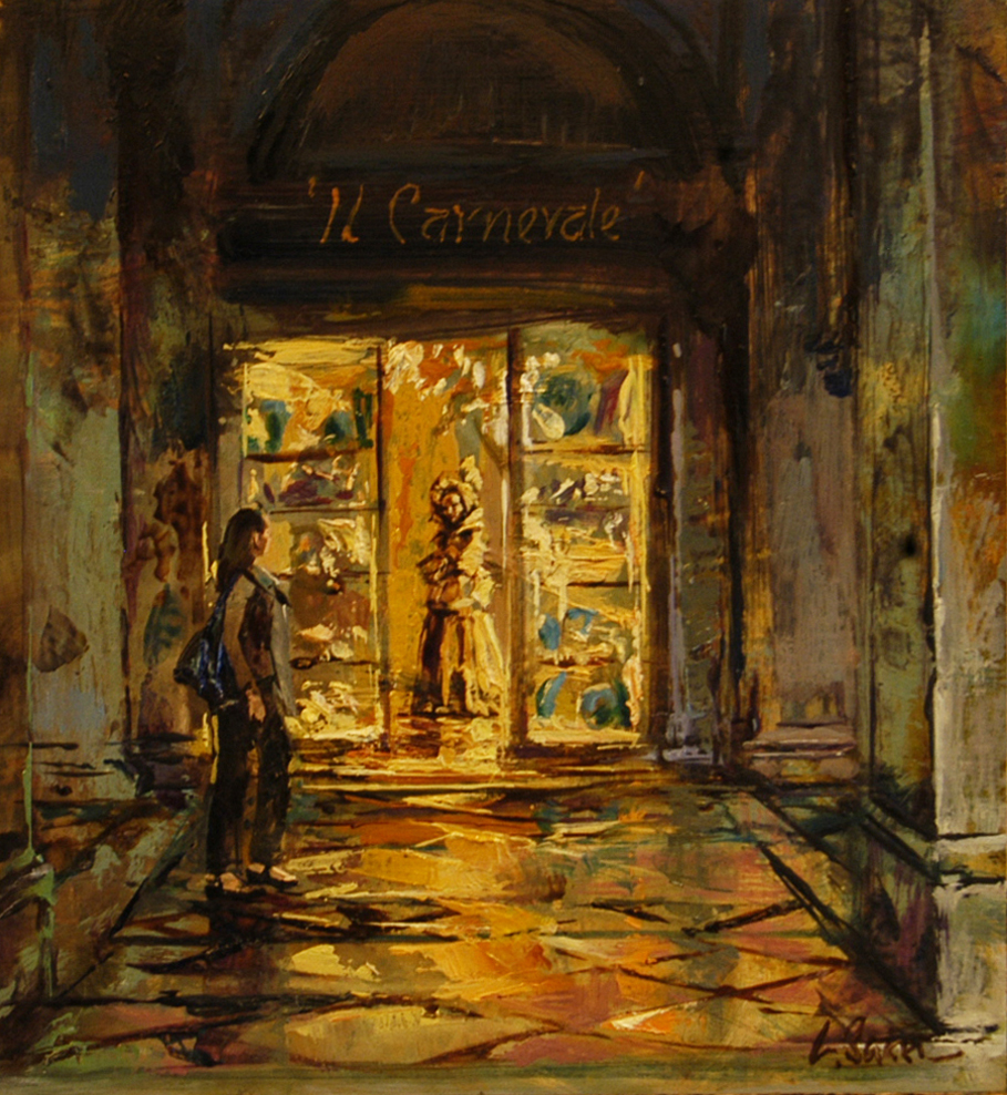Passing the Carnevale Shop - oil on board - 28 x 26 cm - SOLD