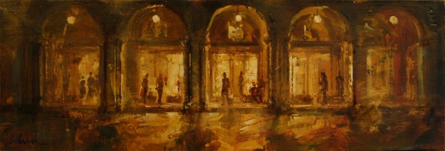 San Marco Colonnades by Night - oil on board - 30 x 90 cm - SOLD