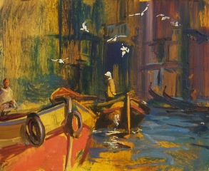 Workers Boat, Rialto Markets - oil on board - 25 x 31 cm - SOLD