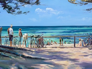 Greg Baker - 'Bikes at the Basin 2' - (Oil on canvas, 60x120cm)