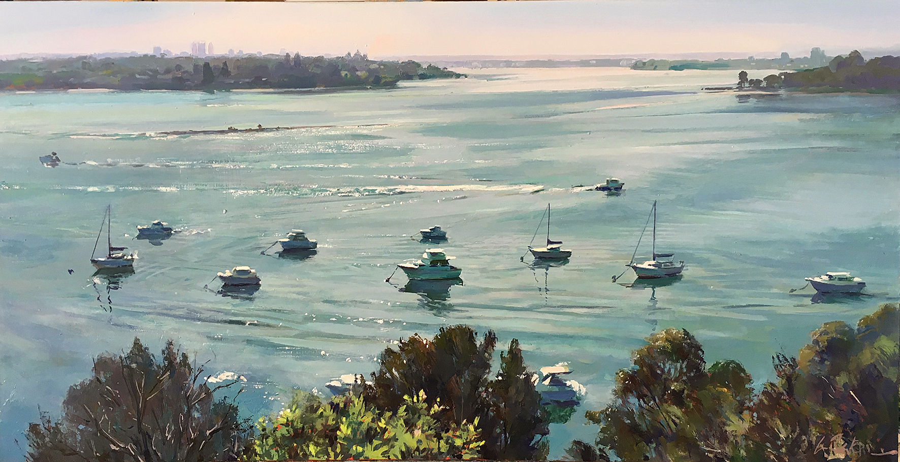 Greg Baker - Coming and Going, Mosman (oil on board,  47 x 91cms) SOLD