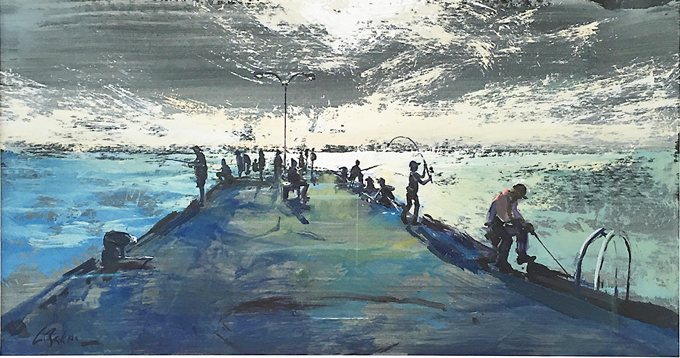 Life on the 'Ammo' Jetty - oil on card - 22.5 x 43 cm - SOLD